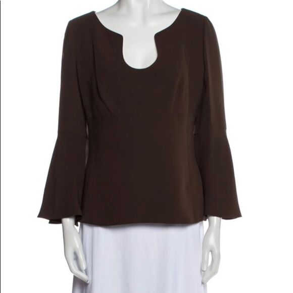 Carolina Herrera Brown Bell Sleeve Silk Scoop Neck Blouse - Picture 2 of 7